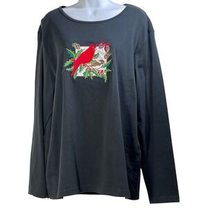 Madison Taylor Black Long Sleeve Cardinal Bird Holly Embroidered Tunic Top 1X